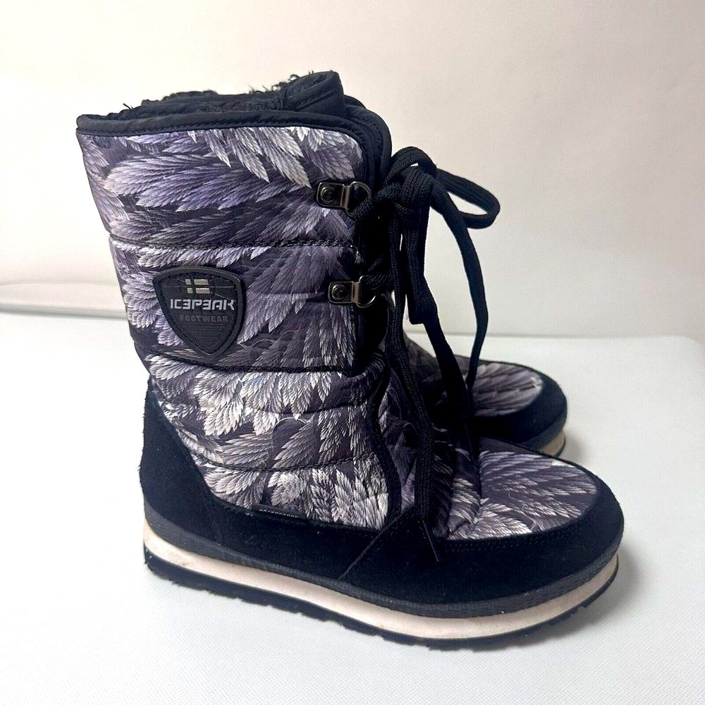 Icepeak Boots Womens 8 Black Waterproof Lace Up Grip Puffer Faux Fur Snow